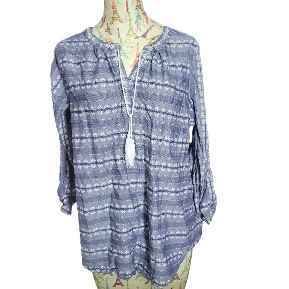 Liz Claiborne Sz L Blue Floral Long Roll Tab Sleeve V-neck 100% Cotton Blouse